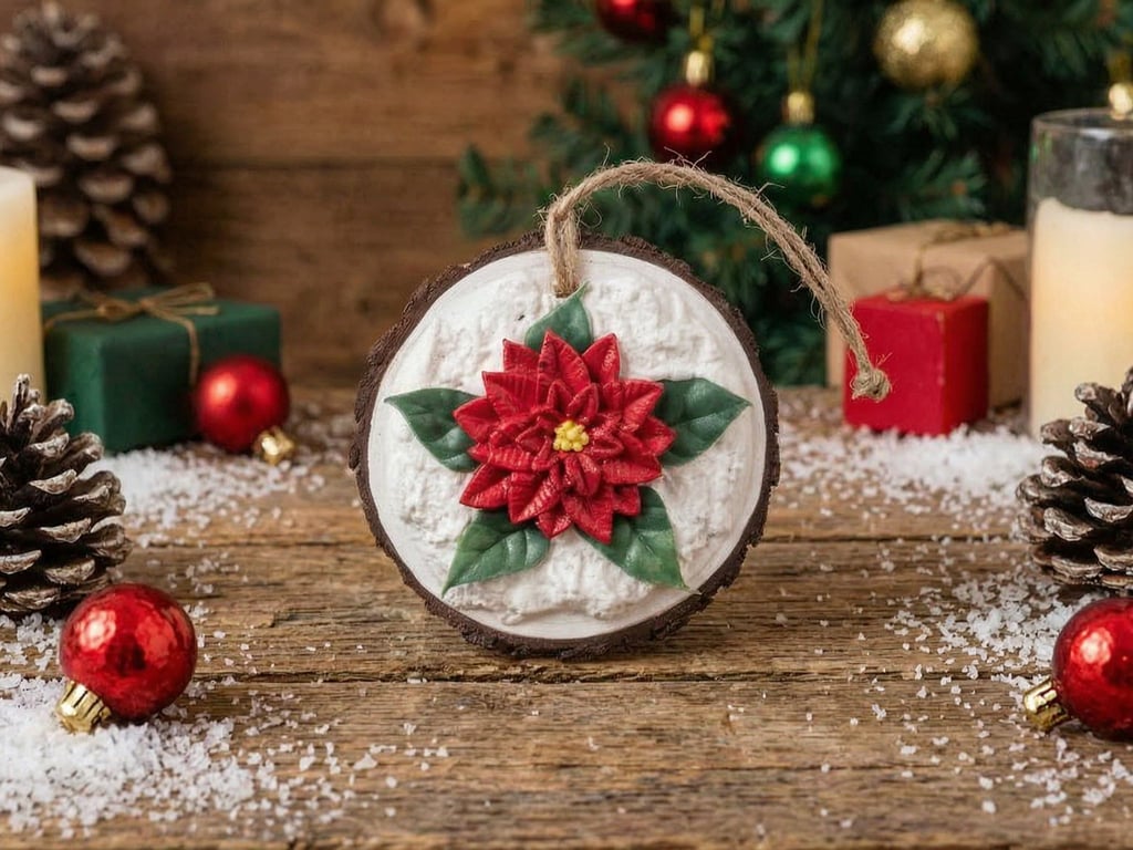Christmas Clay Poinsettia on a real log slice hanging tree or home decoration