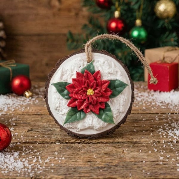Christmas Clay Poinsettia on a real log slice hanging tree or home decoration