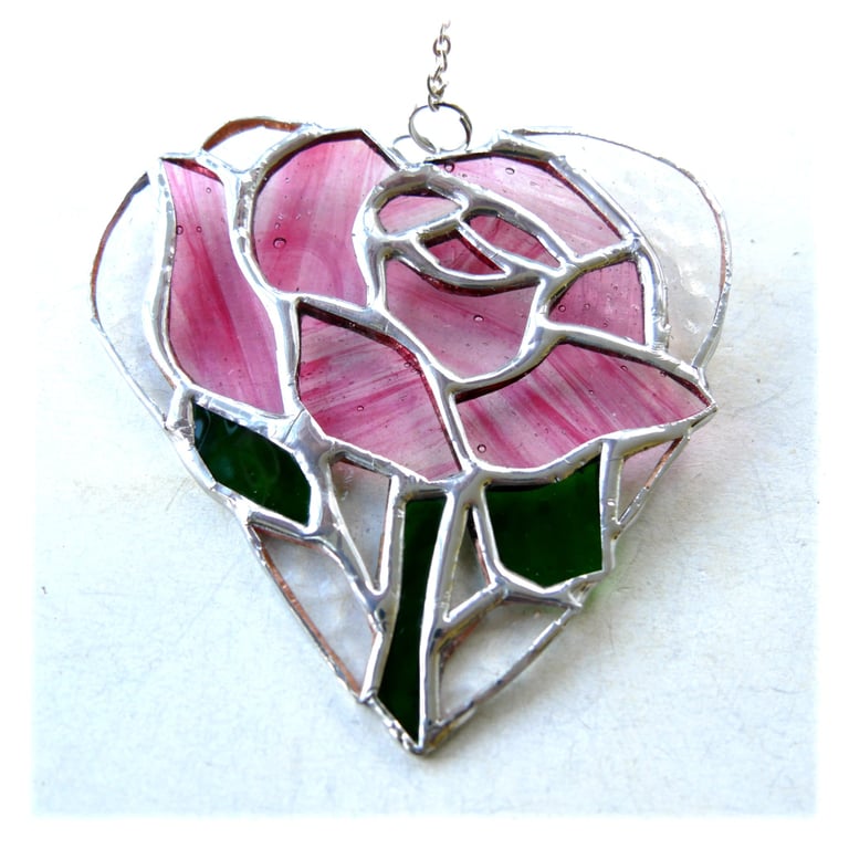 Pink Rose Heart Suncatcher Stained Glass 041