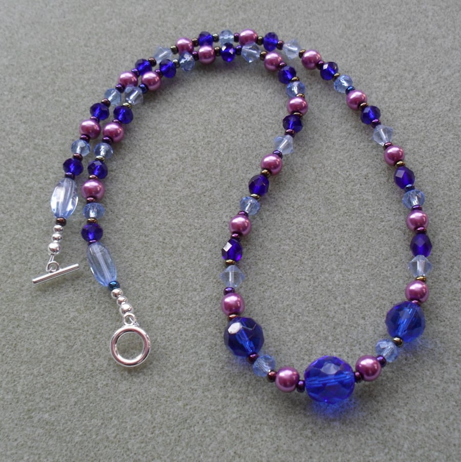 Purple and Shades of Blue Glass Beaded Necklace