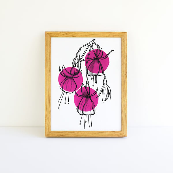 Minimalist Bright Pink Fuchsia Flower Illustration Fine Art Print