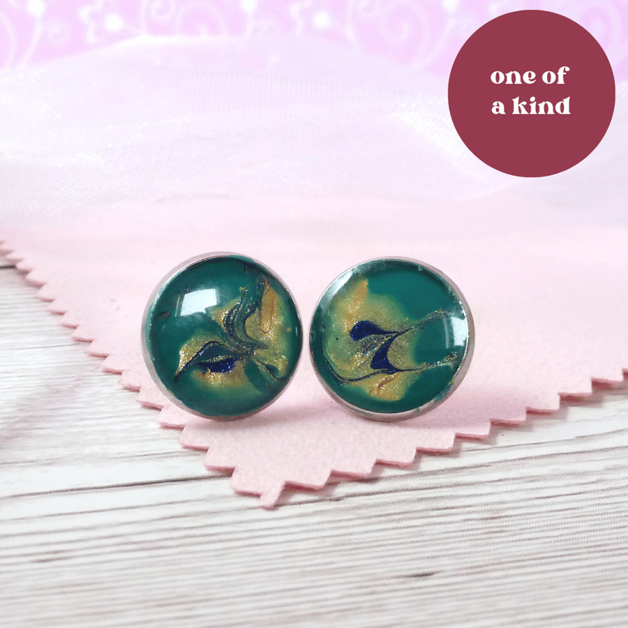 OOAK seagreen, gold and blue studs. Colourful, unusual dainty stud earrings 