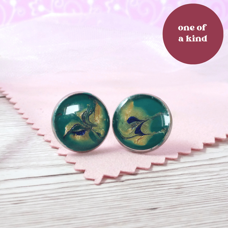 OOAK seagreen, gold and blue studs. Colourful, unusual dainty stud earrings 
