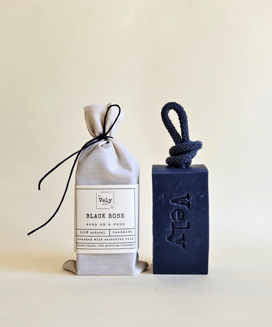 Natural Soap on a Rope With Charcoal, Geranium And Black Pepper "Black Rose"