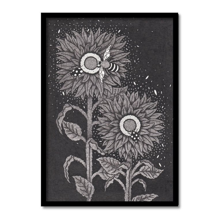 Sunflowers In Nightlife Original Art Pen And Ink Drawing