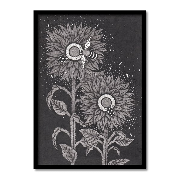 Sunflowers In Nightlife Original Art Pen And Ink Drawing