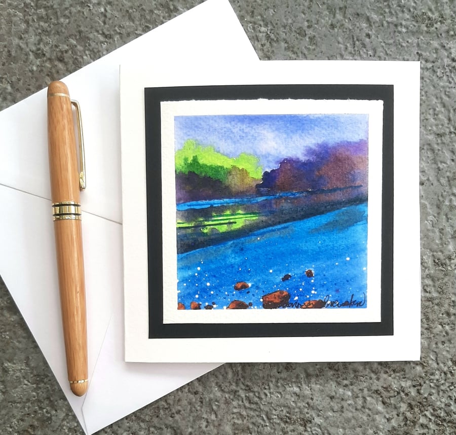 River Blues. Hand Painted Greetings Card. Blank For Your Own Message.