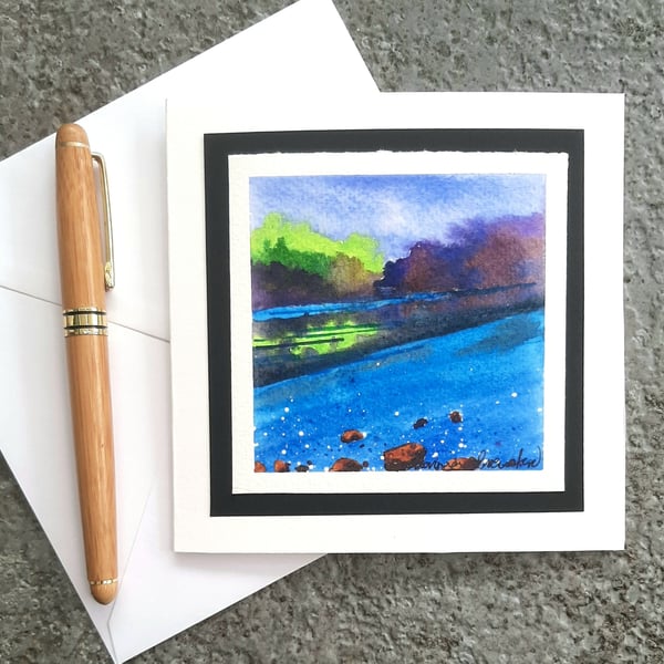 River Blues. Hand Painted Greetings Card. Blank For Your Own Message.