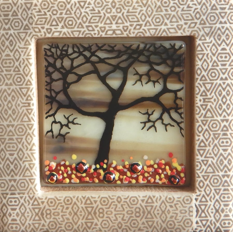 Handmade Fused Glass 'Winter Tree' framed picture.