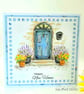 New Home Card -  handpainted original - blue door, plant pots, lavender - Image 3