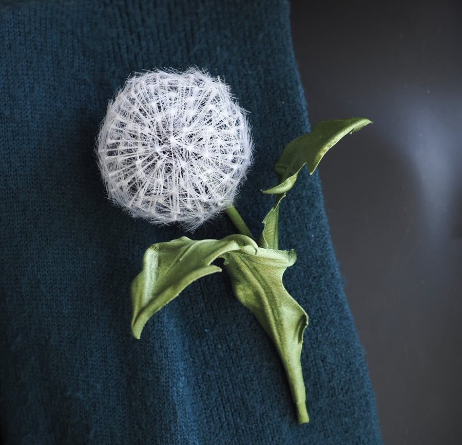 Silk dandelion clock pin, dandelion clock jewellery, textile dandelion art