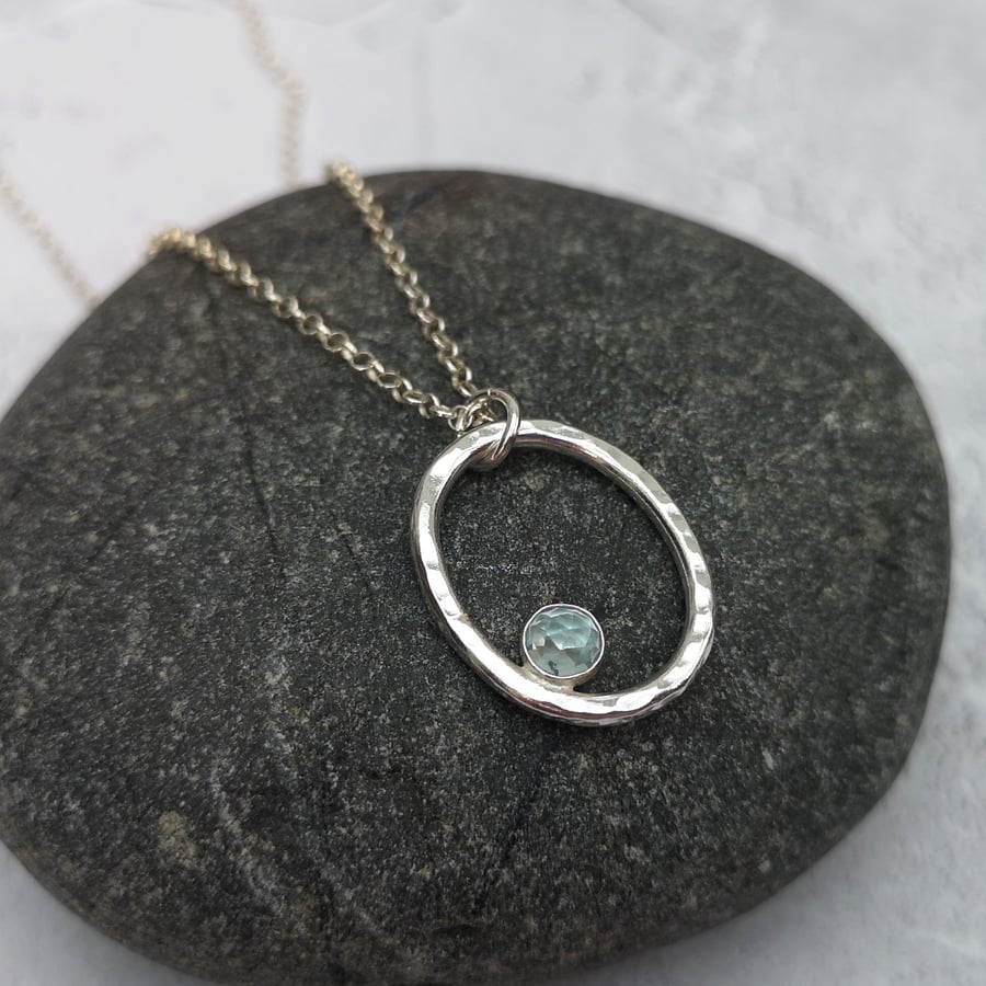 Silver Aquamarine Necklace, March Birthstone, Hammered Necklace - NEK043