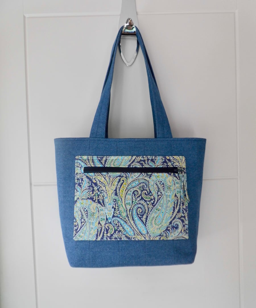 Tote bag and purse set denim and Liberty fabric project bag long handles 
