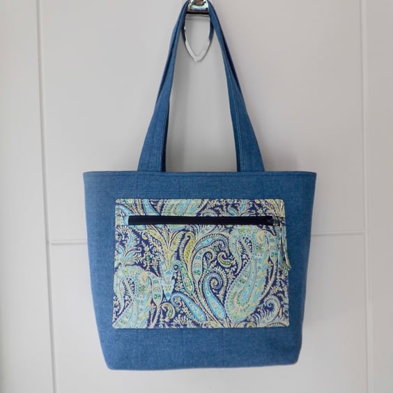 Tote bag and purse set denim and Liberty fabric project bag long handles 