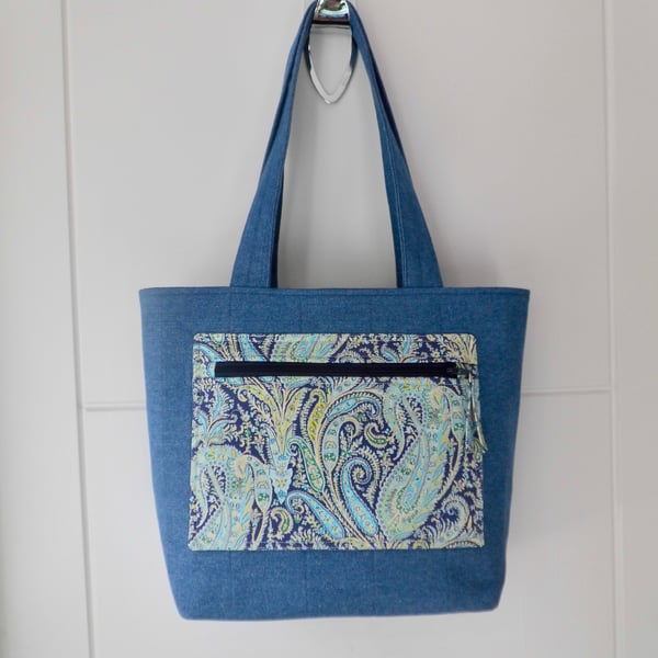 Tote bag and purse set denim and Liberty fabric project bag long handles 