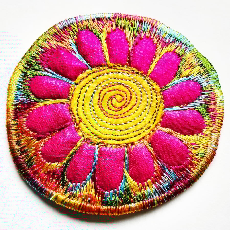 Textile Flower Brooch Free Machine Embroidery and Applique in Pink and Yellow 