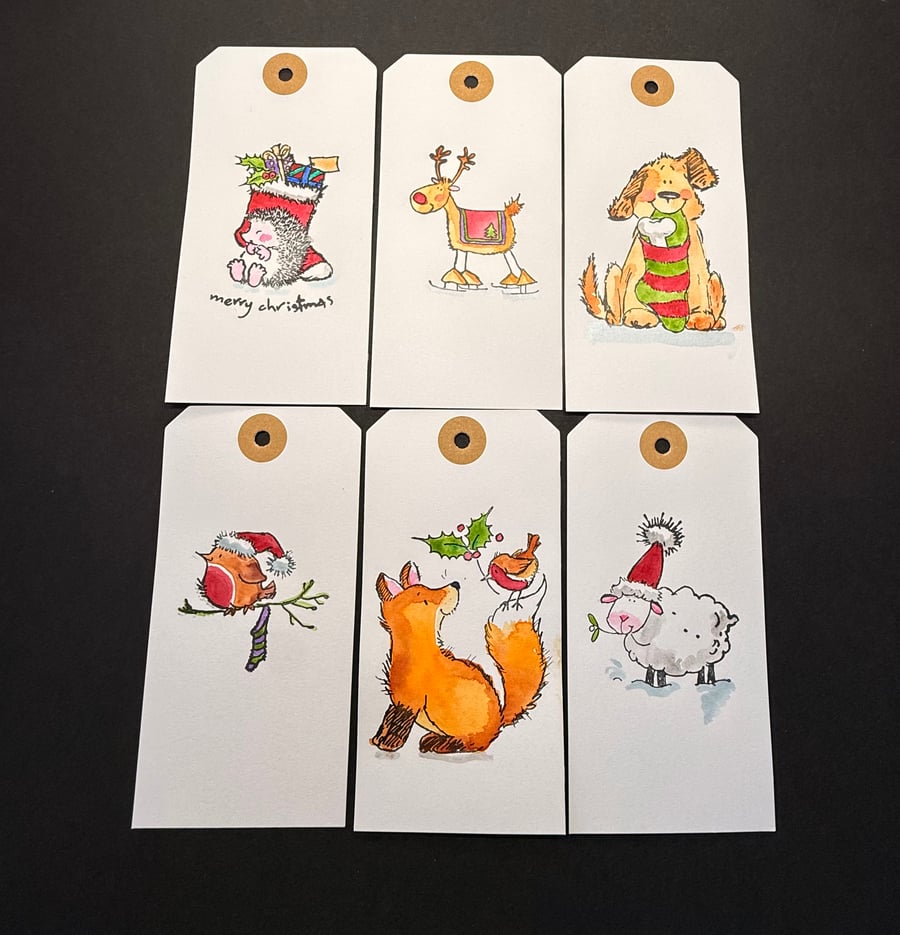 Set of six hand-painted Christmas gift labels using Penny Black stamps (Set 3)