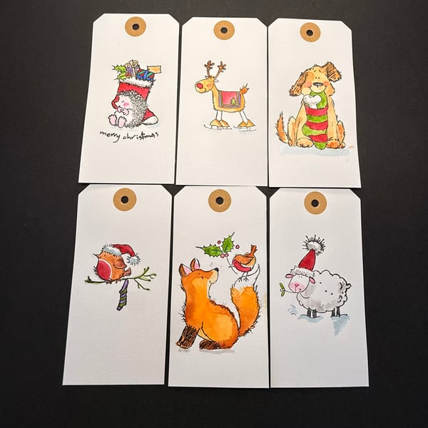 Set of six hand-painted Christmas gift labels using Penny Black stamps (Set 3)