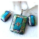 Dichroic Glass 102 Pendant Earring Set Aqua Florentine with Silver Plated Chain