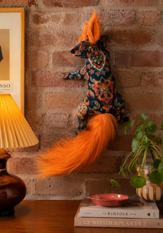  Faux squirrel wall mount - navy, red & orange needlecord velour