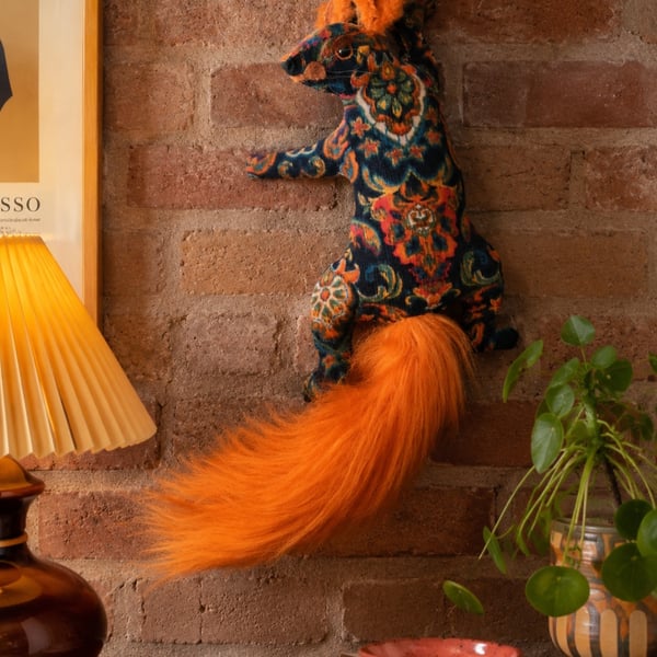  Faux squirrel wall mount - navy, red & orange needlecord velour