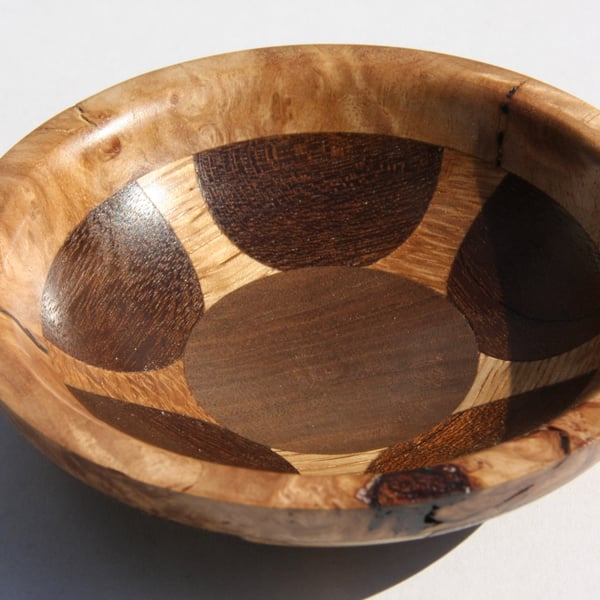 Miniature Wooden Bowl, Geometric Inlay, Reclaimed Oak & Walnut No. 790