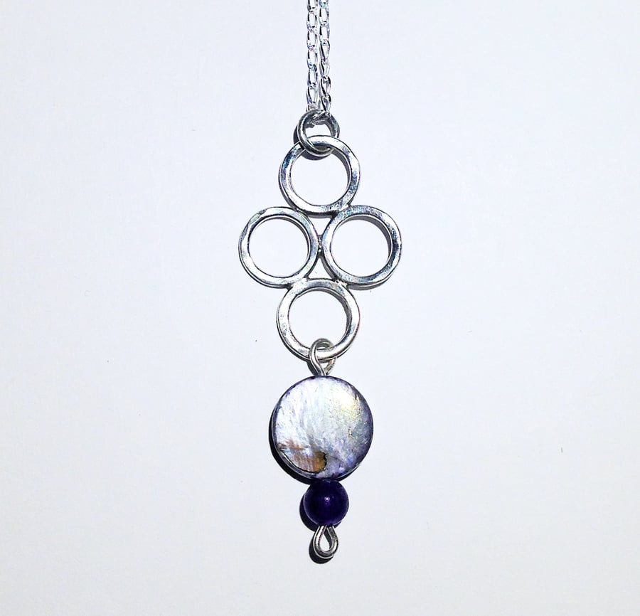 Sterling Silver, Shell and Russian Amethyst Pendant Necklace - UK Free Post