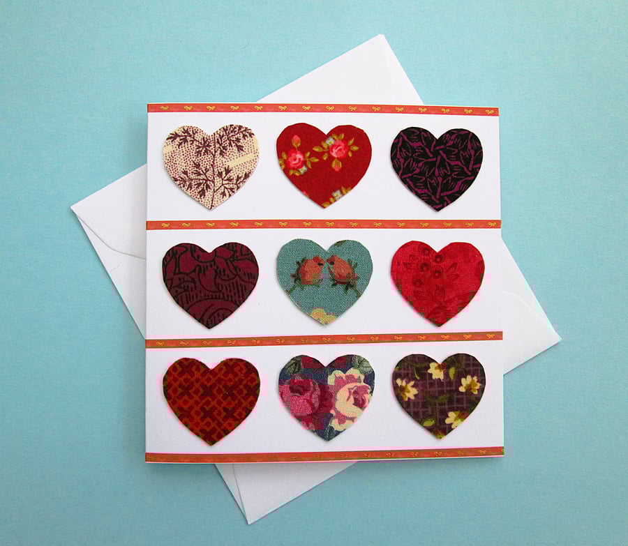 Floral fabric hearts card for Valentines, a wedding or an anniversary