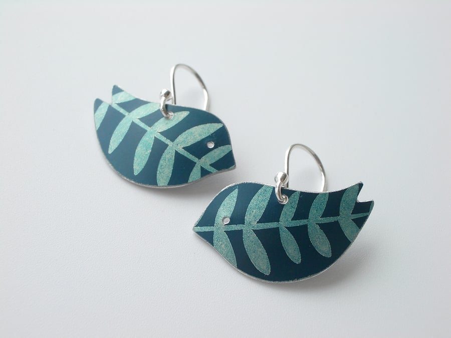 Bird earrings in dark petrol blue with leaf print