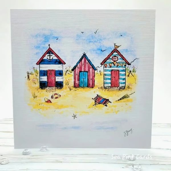 Beach Huts Card - blank card, birthday, beach, coastal card