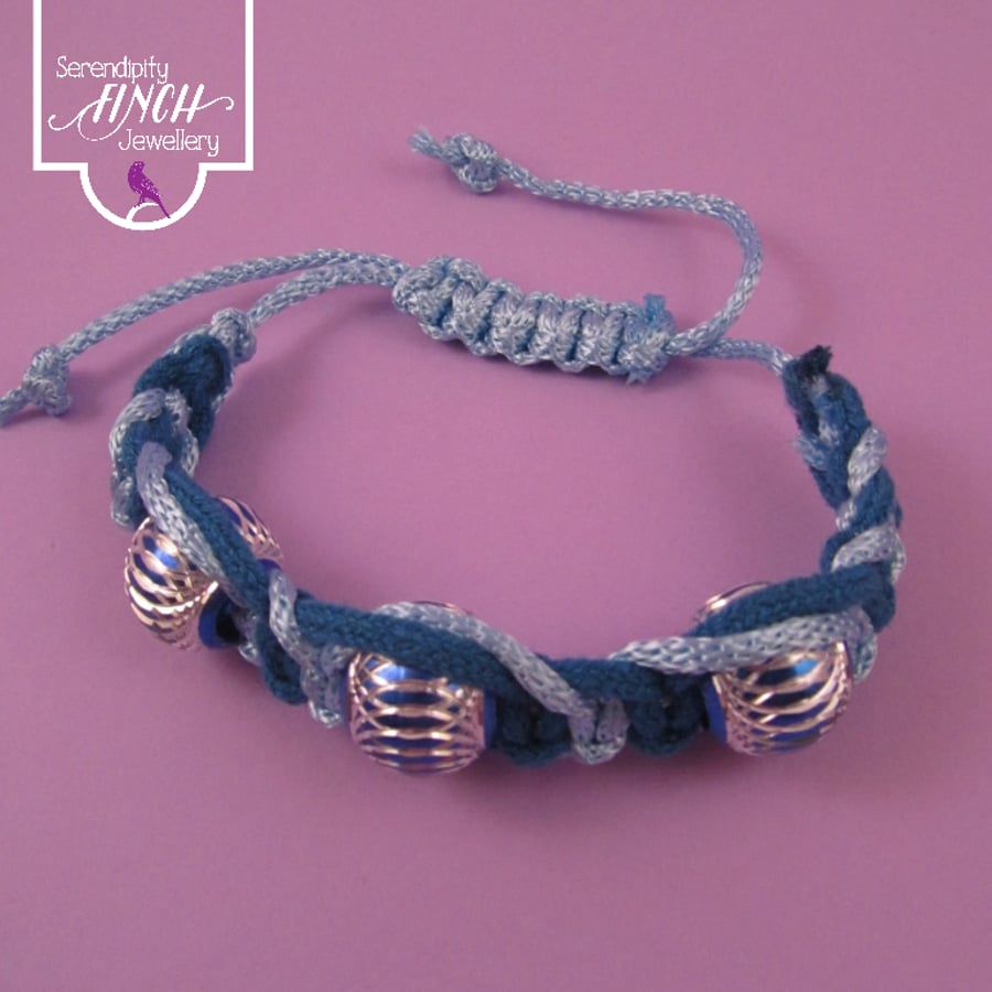 Blue Macrame Bracelet with 3 Aluminium Beads