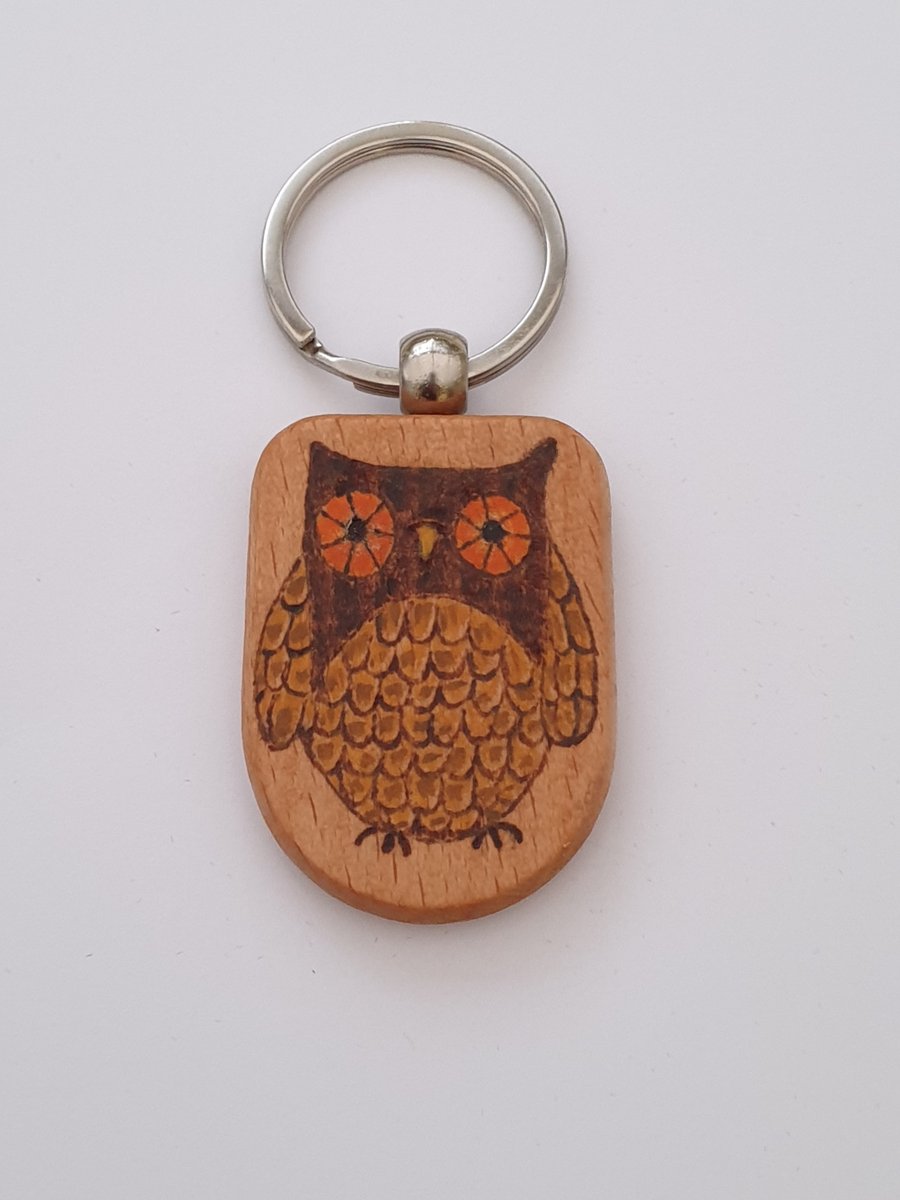 Pyrography owl wooden keyring
