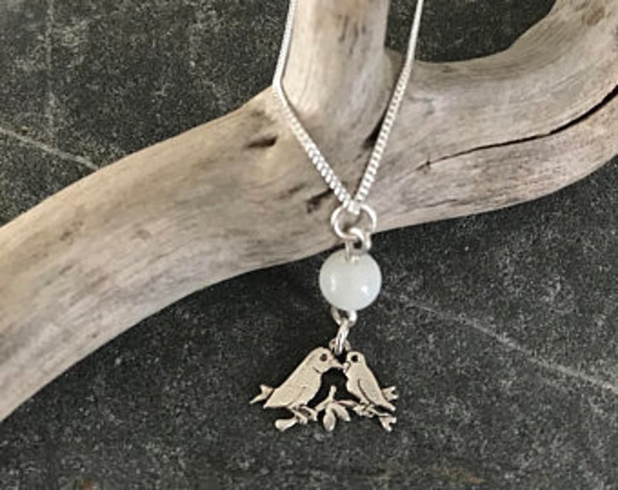 Sterling silver love bird necklace, mother of pearl and sterling silver chain