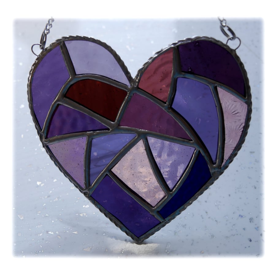 Fat Patchwork Heart Suncatcher Purple Stained Glass Handmade 