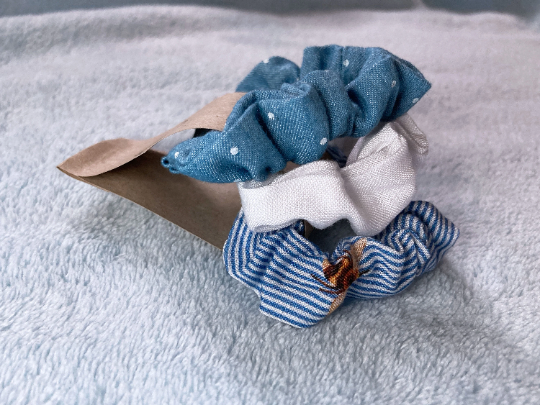 Hair scrunchies, summer scrunchy pack, honey bee, blue denim skinny mini thin