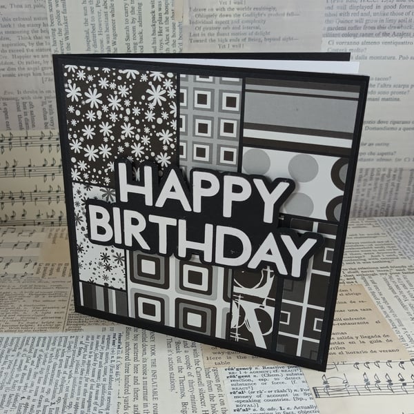 Square black and white grid collage birthday card