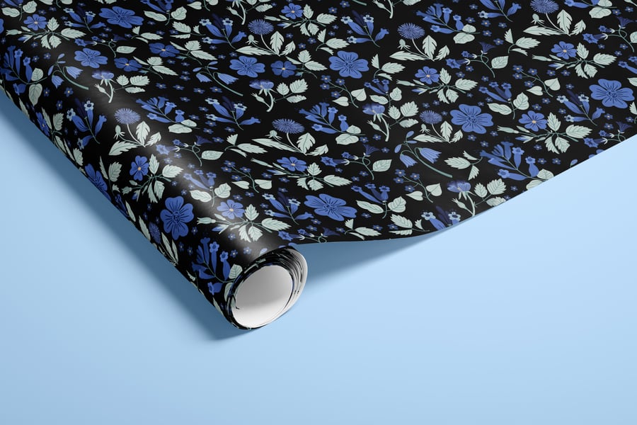 Black Meadow Blue Florals Wrapping Paper FSC 50... - Folksy