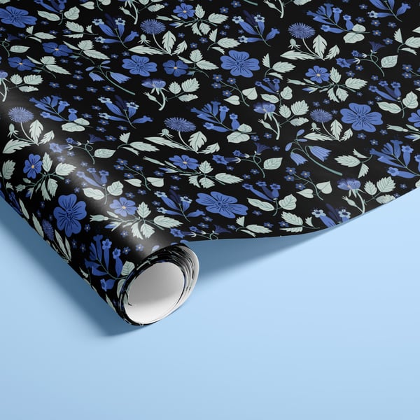 Black Meadow Blue Florals Wrapping Paper FSC 50x70cm 3 Sheets or Roll