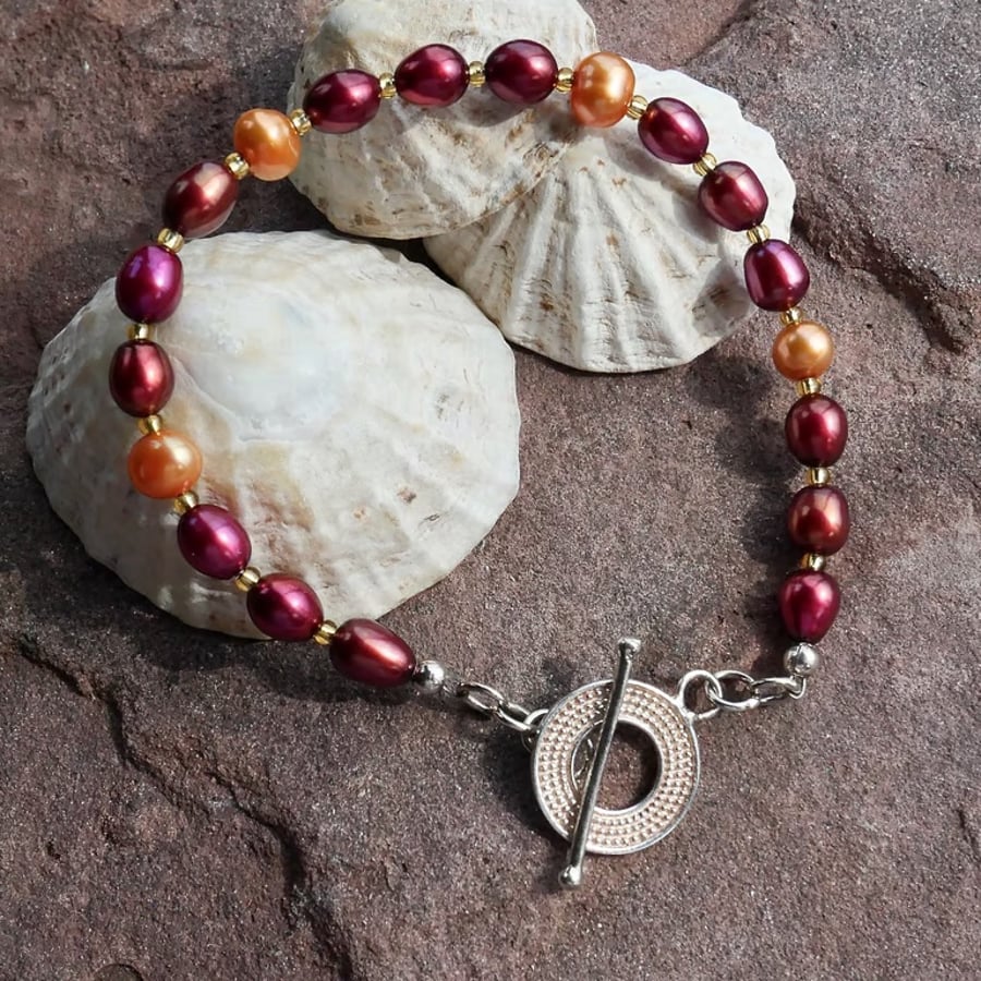 Dark Red and Orange Pearl Bracelet with Sterling Silver Toggle Clasp