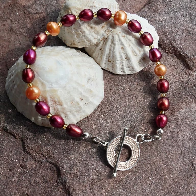 Dark Red and Orange Pearl Bracelet with Sterling Silver Toggle Clasp