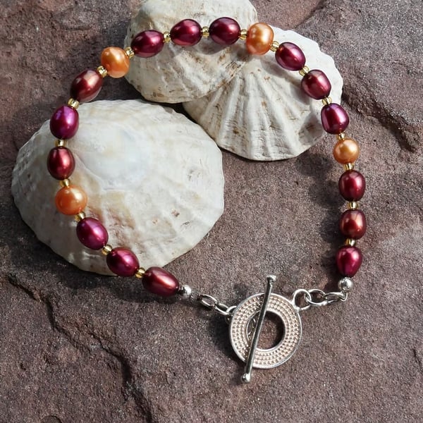 Dark Red and Orange Pearl Bracelet with Sterling Silver Toggle Clasp
