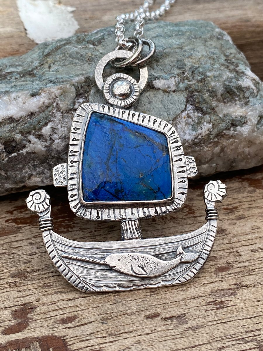 Narwhal Viking Ship Pendant with Azurite