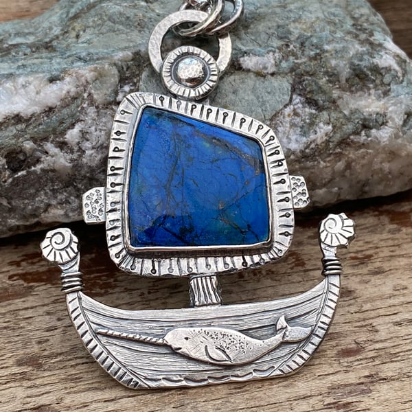 Narwhal Viking Ship Pendant with Azurite