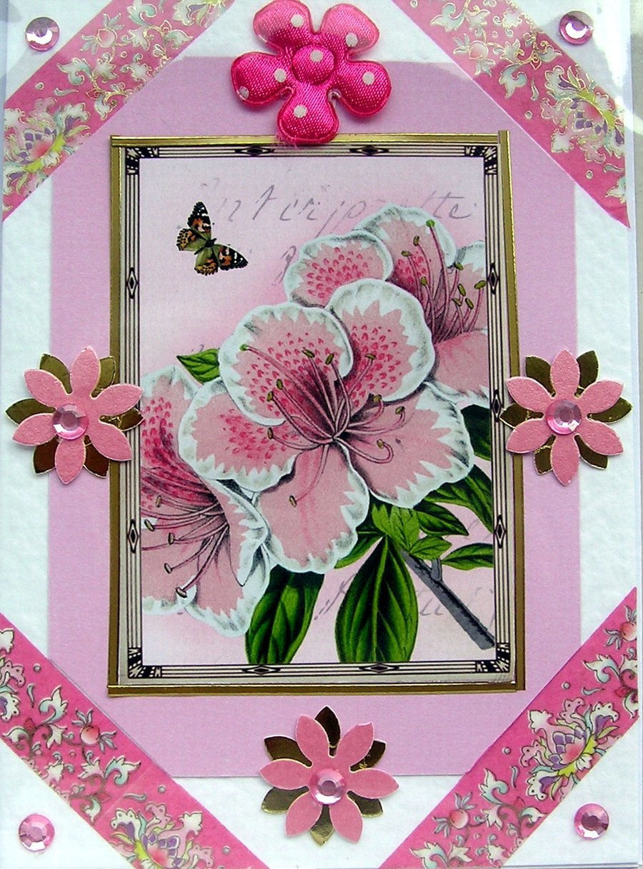 Azalia Flower Hand Crafted Decoupage Card - Blank for any Occasion (2699)