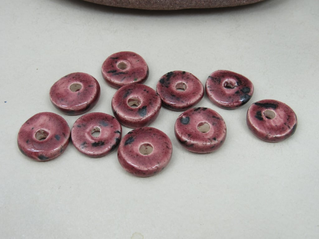 10 Medium Speckled Rose Glazed Ceramic Washer Beads