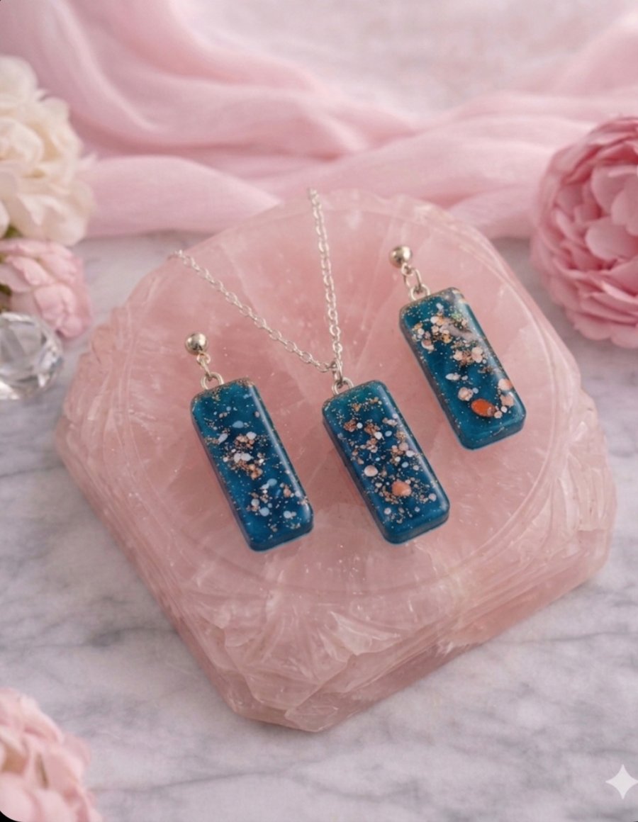 Handmade Teal Blue Galaxy Resin Jewellery Set