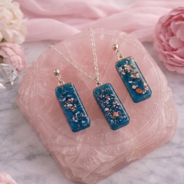 Handmade Teal Blue Galaxy Resin Jewellery Set