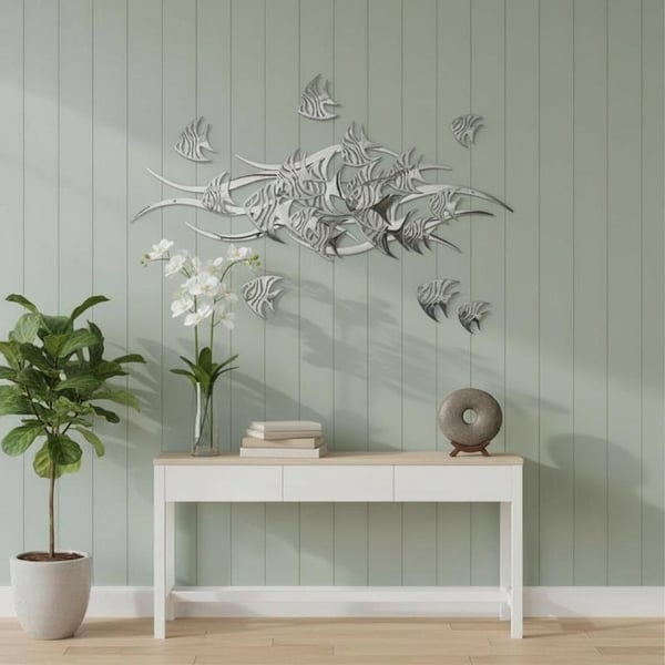 Handcrafted School of Silver Fish Metal Wall Art – Coastal-Inspired Modern Decor