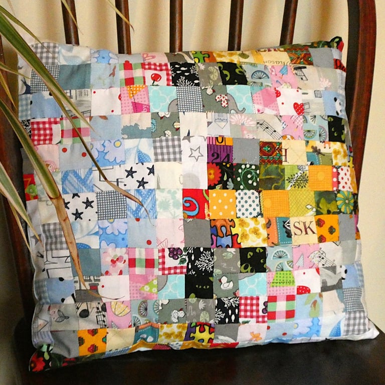 Multicoloured Patchwork Cotton Cushion with pad