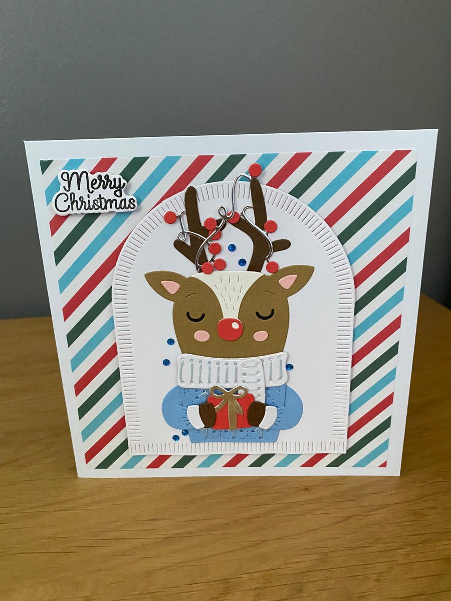 Handmade hand Stitched Reindeer Christmas Card